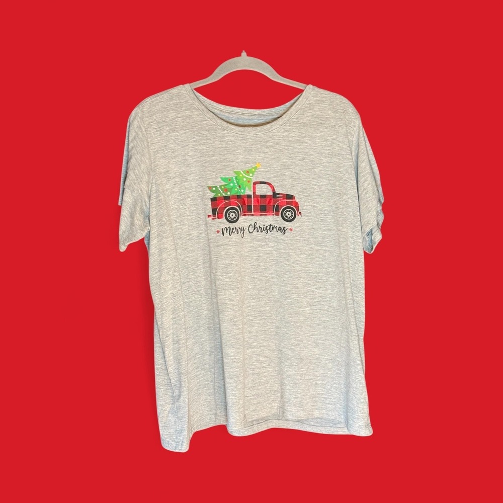 Holiday Time Merry‎ Christmas Plaid Truck Tree Gray T Shirt Women 1X